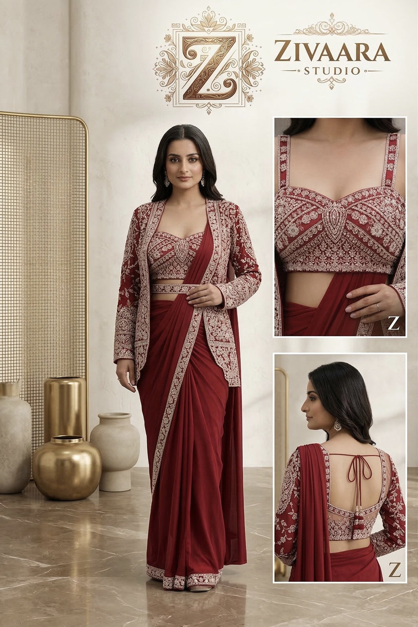Model wearing Crimson Atelier Drape Collection - Saree by ZIVAARA Studio