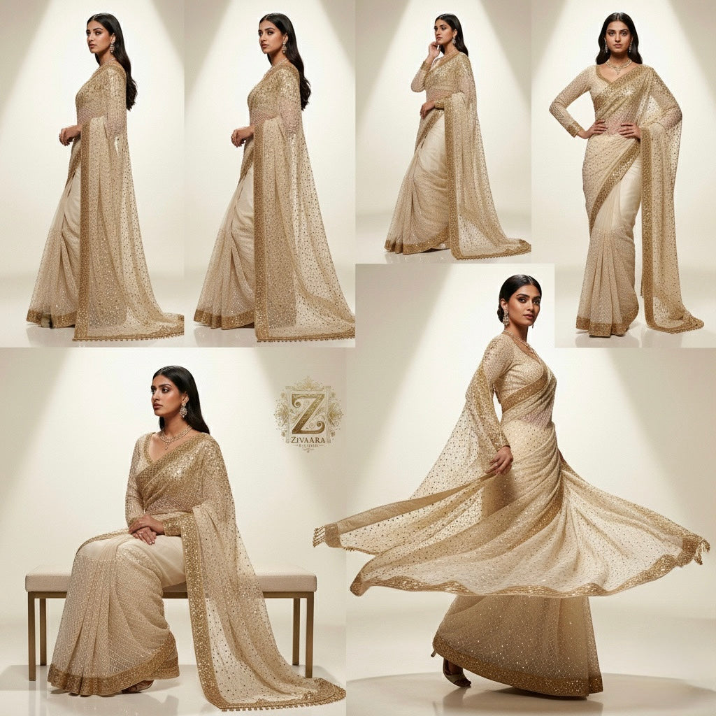 Ivory Gold Heritage Ensemble detail view - Saree by ZIVAARA Studio