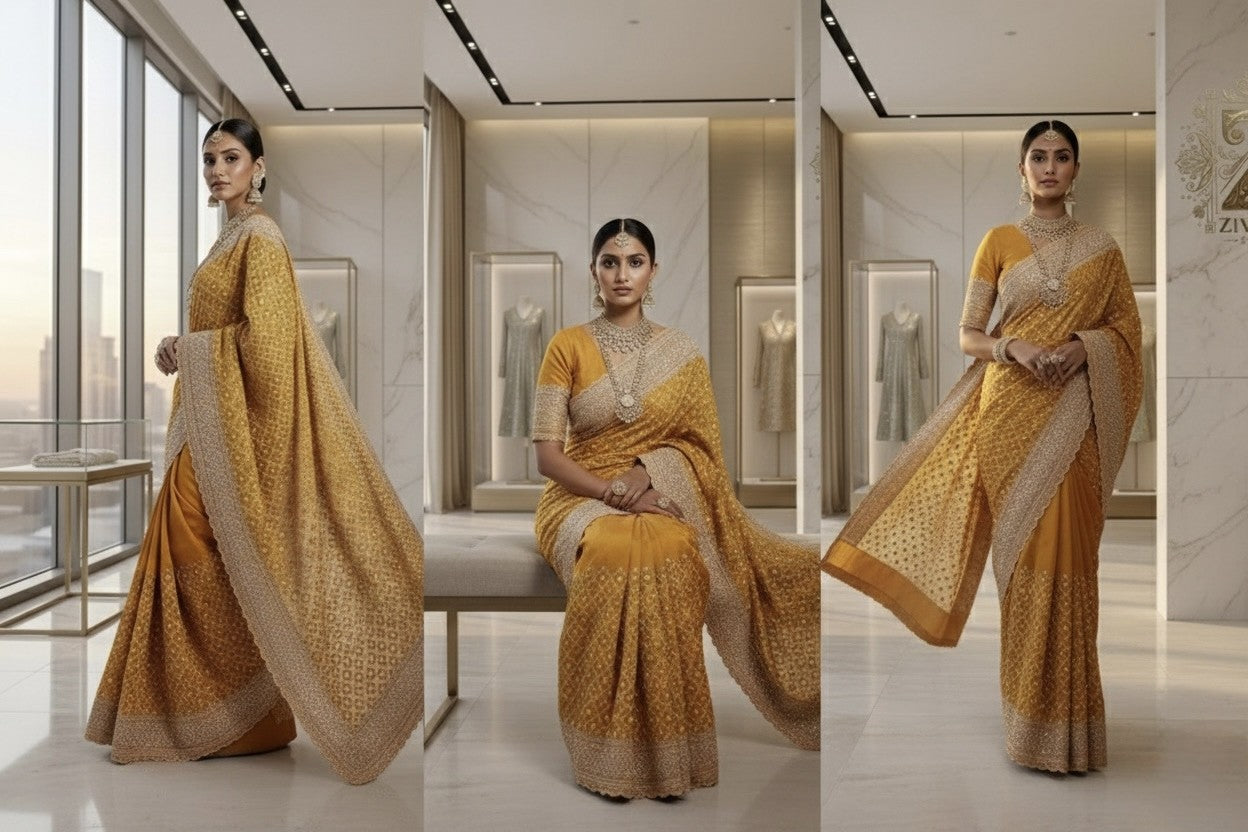 Model wearing Golden Lattice Royale Saree - Saree by ZIVAARA Studio