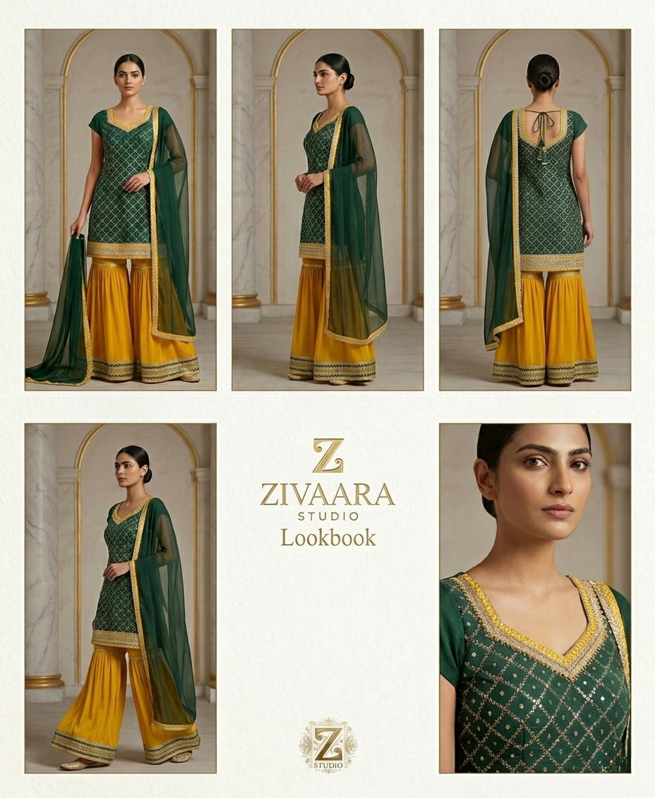 Model wearing Jahanara Emerald Mustard Gharara Set - Gharara Set by ZIVAARA Studio