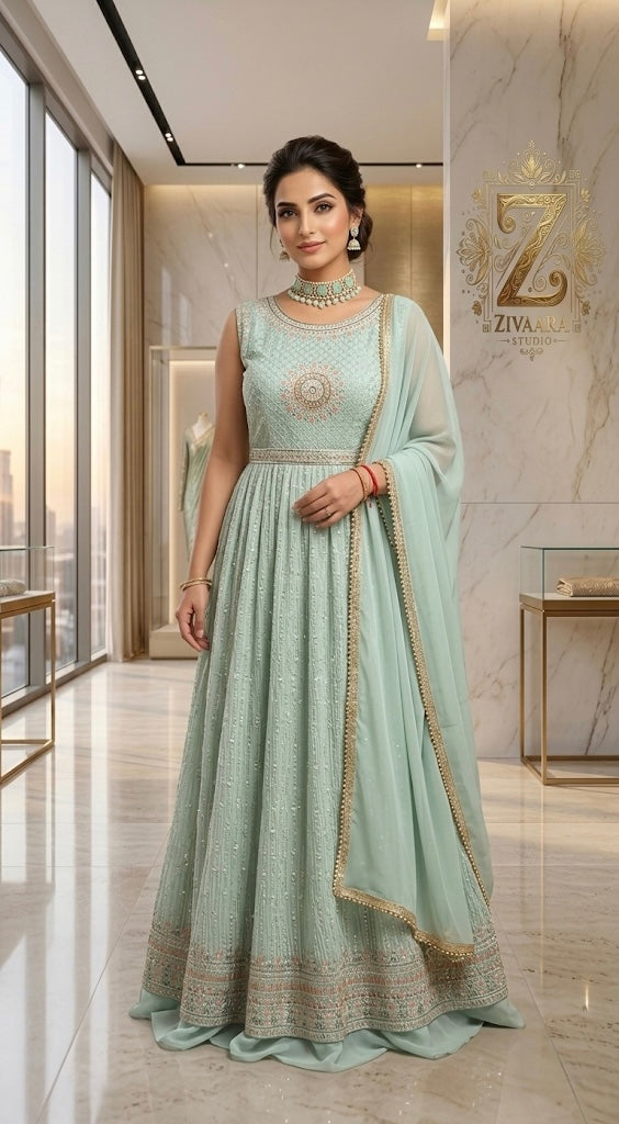 Model wearing Mint Elan Embroidered Anarkali Sharara - Anarkali Sharara by ZIVAARA Studio