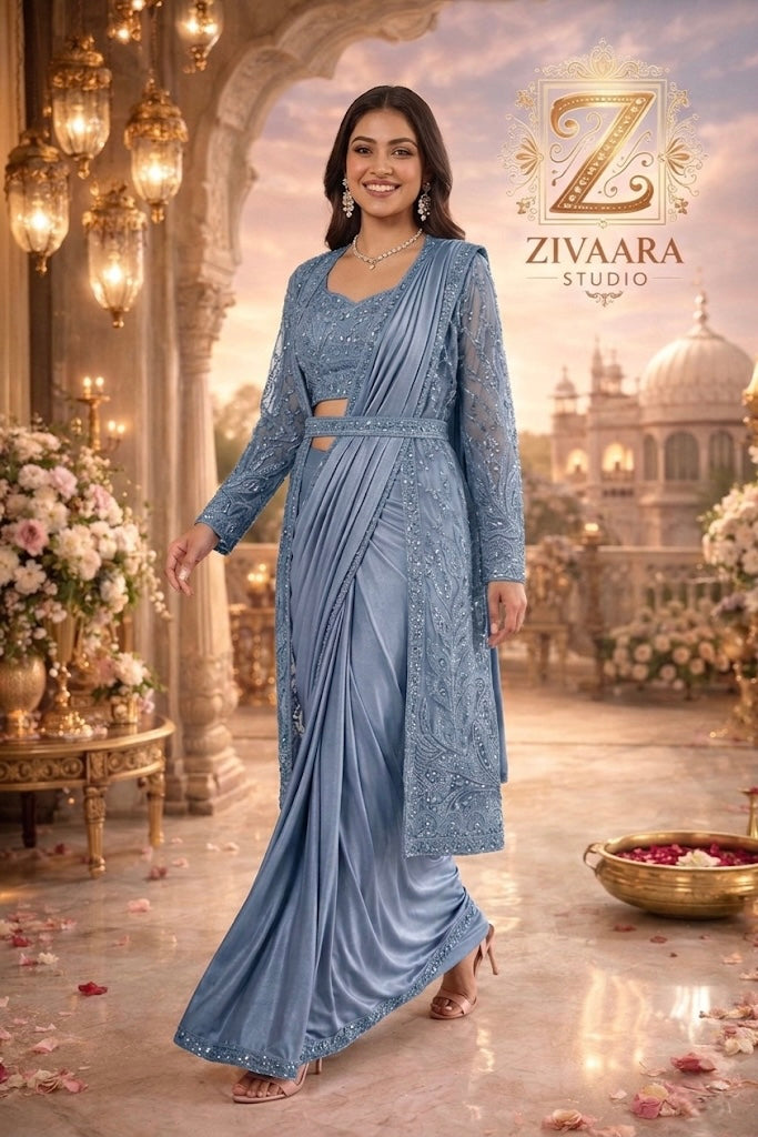 Model wearing Azure Veil Pre-Draped Saree - Pre-Draped Saree by ZIVAARA Studio