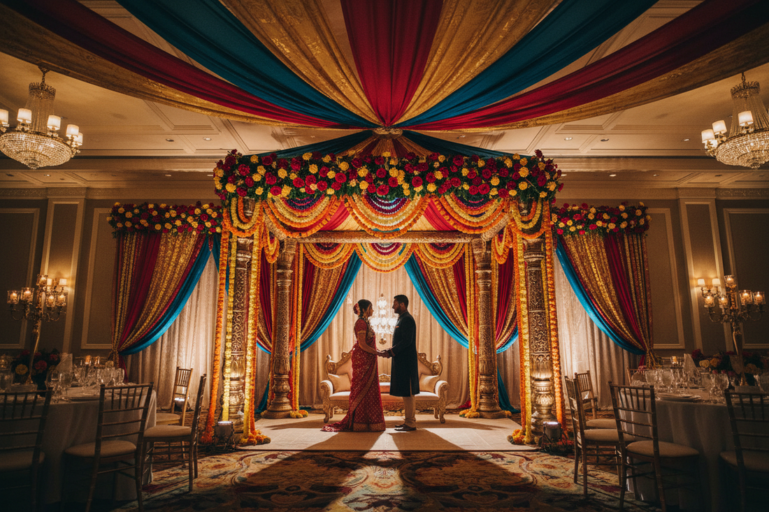 Grand Indian wedding mandap with marigold florals inside an elegant Western ballroom — 3-day Indian wedding planning guide