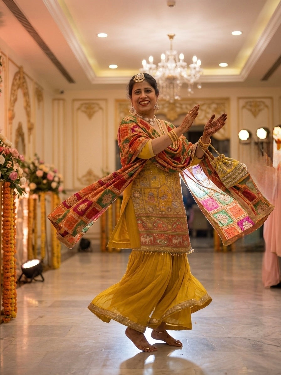 Sangeet night outfit ideas — embellished lehenga, sharara set and anarkali suit in jewel tones by ZIVAARA Studio