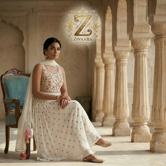The Ivory Petal Anarkali Palazzo Set by ZIVAARA Studio — elegant white Anarkali suit for weddings and festive occasions