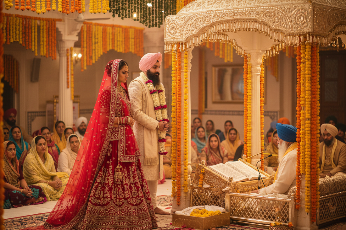 Anand Karaj ceremony — Punjabi bride and groom performing the laavaan around the Guru Granth Sahib Ji in a Gurudwara | ZIVAARA Studio