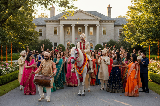 Indian baraat procession in the USA — groom on decorated white horse with dhol player and dancing guests at an American estate venue