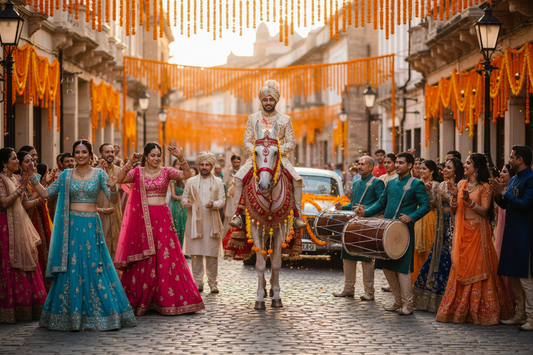 "Groom on decorated white horse during an Indian wedding Baraat procession, surrounded by family dancing in vibrant lehengas and sherwanis — ZIVAARA Studio"