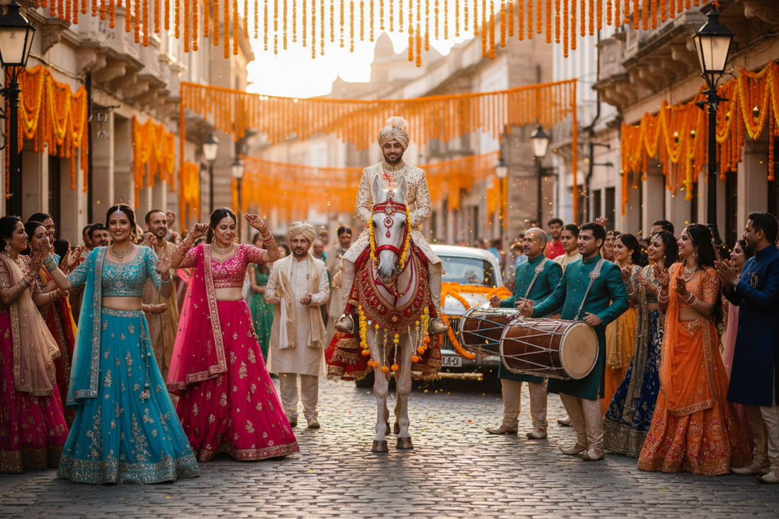"Groom on decorated white horse during an Indian wedding Baraat procession, surrounded by family dancing in vibrant lehengas and sherwanis — ZIVAARA Studio"
