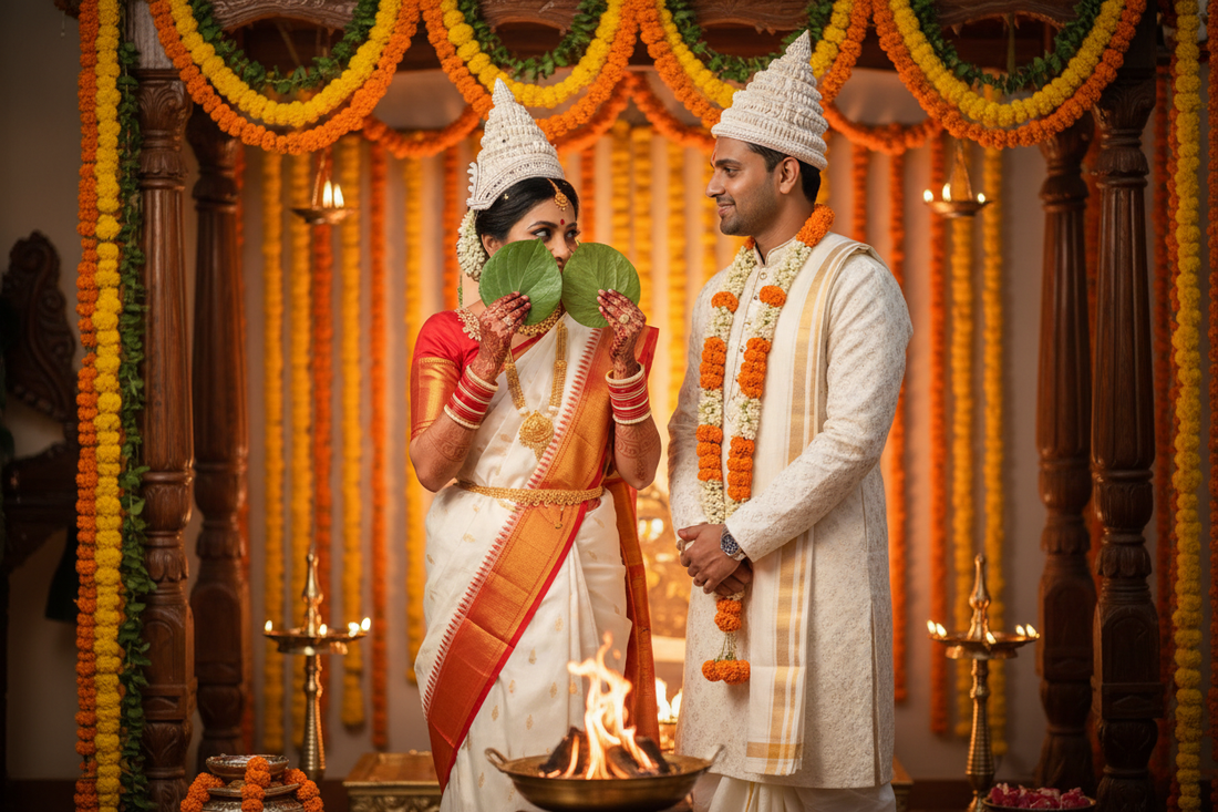 Bengali bride and groom performing Shubho Drishti — bride in white Benarasi saree with red border, mukut crown and shankha pola bangles | ZIVAARA Studio
