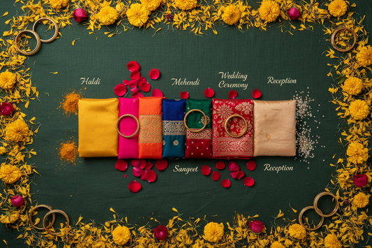 Indian wedding ceremony colour palette flat lay — yellow, pink, jewel tones, red and gold swatches with marigolds and gold bangles by ZIVAARA Studio