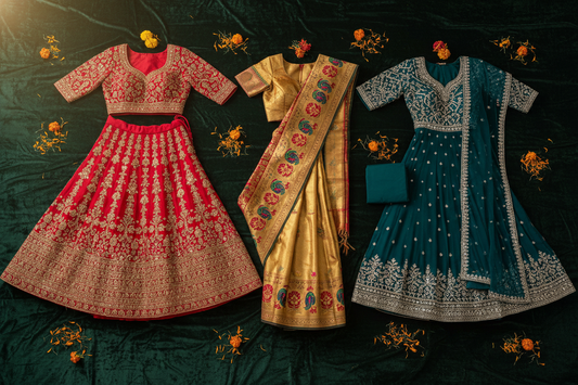 Indian bridal outfit comparison flat lay featuring a red lehenga, gold saree, and teal anarkali suit — bridal guide by Zivaara Studio