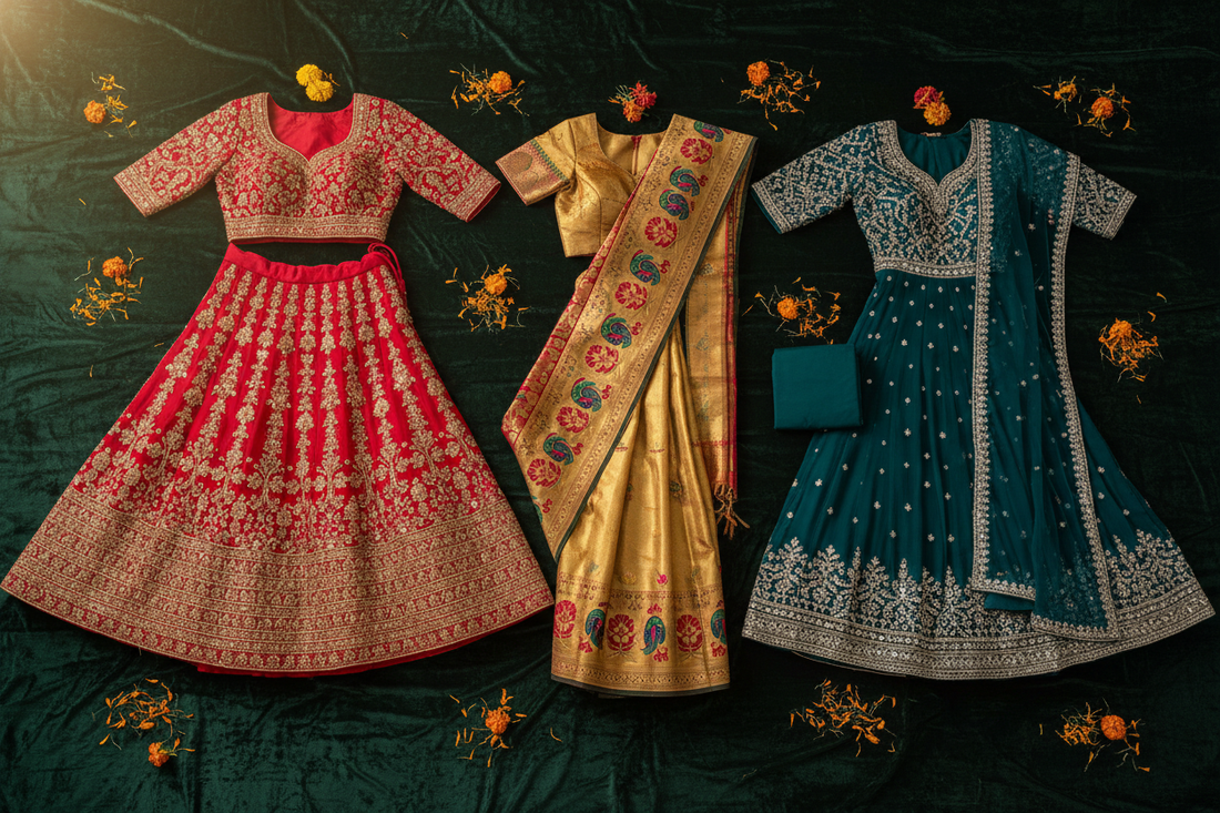 Indian bridal outfit comparison flat lay featuring a red lehenga, gold saree, and teal anarkali suit — bridal guide by Zivaara Studio