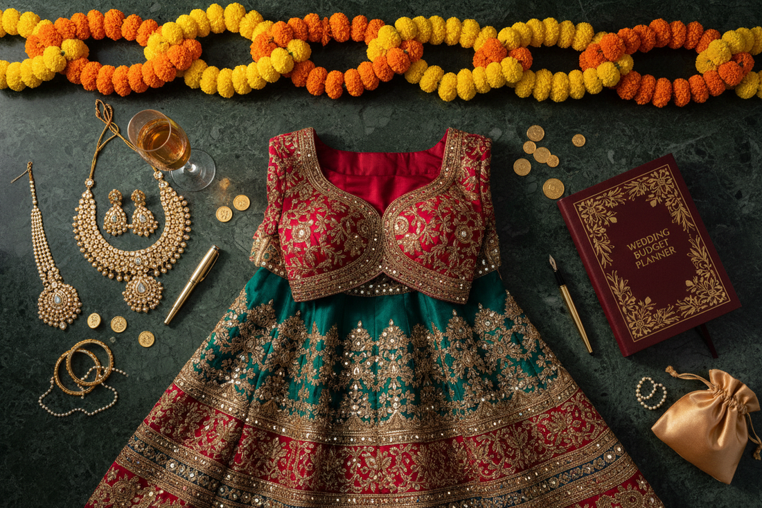 Luxury Indian wedding planning flat lay with embroidered bridal lehenga, gold jewelry, and marigold garlands — budgeting guide by Zivaara Studio