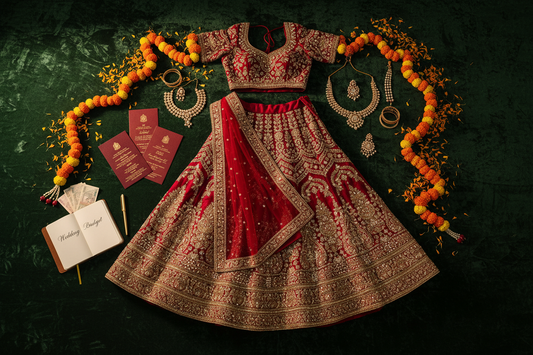 Indian wedding planning flat lay with bridal lehenga, marigold flowers, and wedding stationery — cost guide by Zivaara Studio