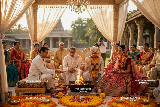Hindu wedding ceremony with pandit, sacred fire, bride and groom in traditional attire surrounded by marigolds and brass diyas