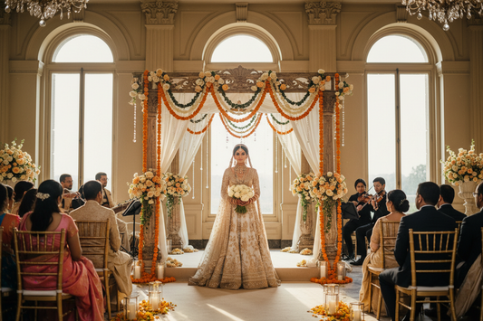 Fusion Indian and Western wedding ceremony — bride in ivory and gold lehenga under a floral mandap with marigolds and white roses inside an elegant Western estate venue