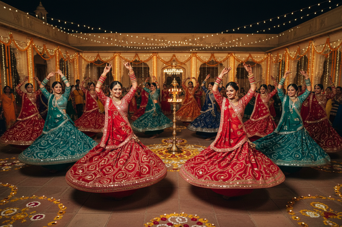 Women dancing Garba at a Gujarati wedding night in vibrant mirror-work chaniya cholis | ZIVAARA Studio