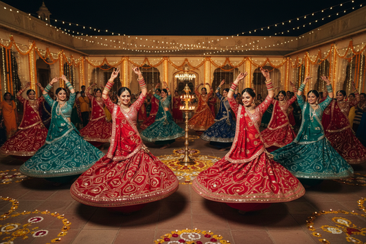 Women dancing Garba at a Gujarati wedding night in vibrant mirror-work chaniya cholis | ZIVAARA Studio