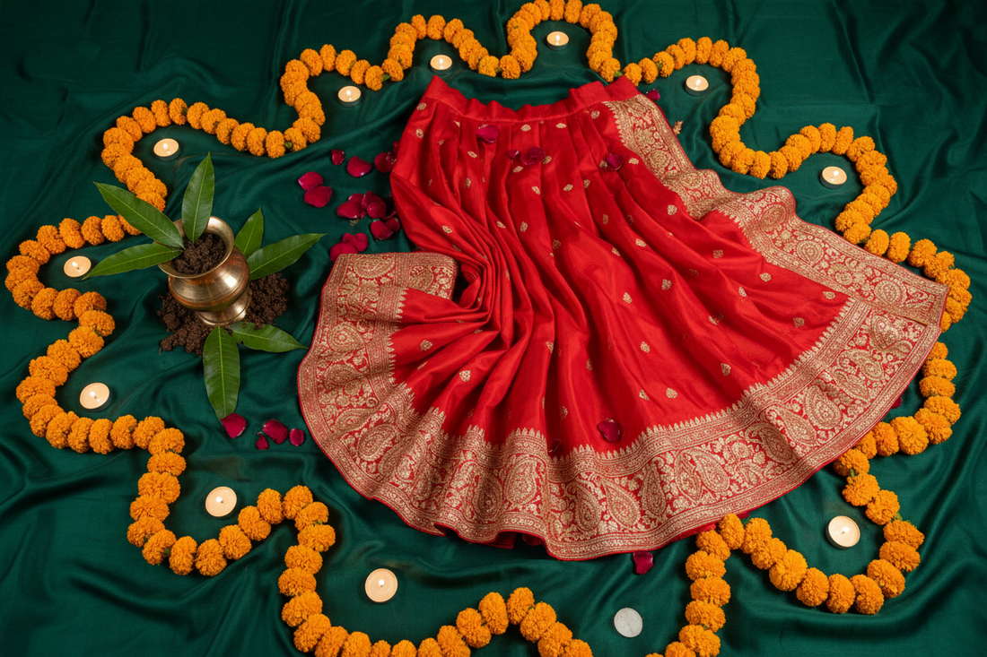 Guyanese Hindu wedding flat lay with red and gold lehenga fabric, brass lota, marigolds, and mango leaves — traditions guide by Zivaara Studio