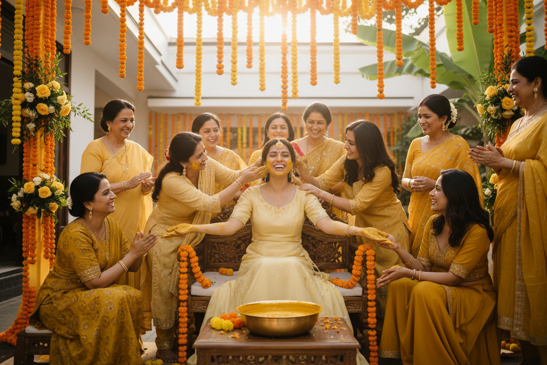 Bride in yellow lehenga during Haldi ceremony as family applies turmeric paste with love | ZIVAARA Studio