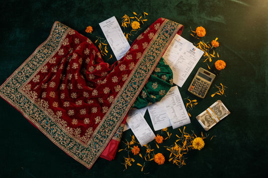 Indian wedding budget planning flat lay with bridal dupatta, invoices, and marigold petals — hidden costs guide by Zivaara Studio