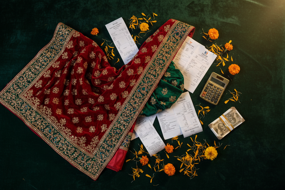 Indian wedding budget planning flat lay with bridal dupatta, invoices, and marigold petals — hidden costs guide by Zivaara Studio