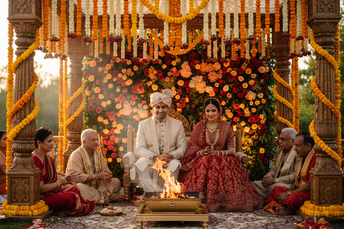 Hindu wedding ceremony outside India — couple seated at mandap with sacred havan fire
