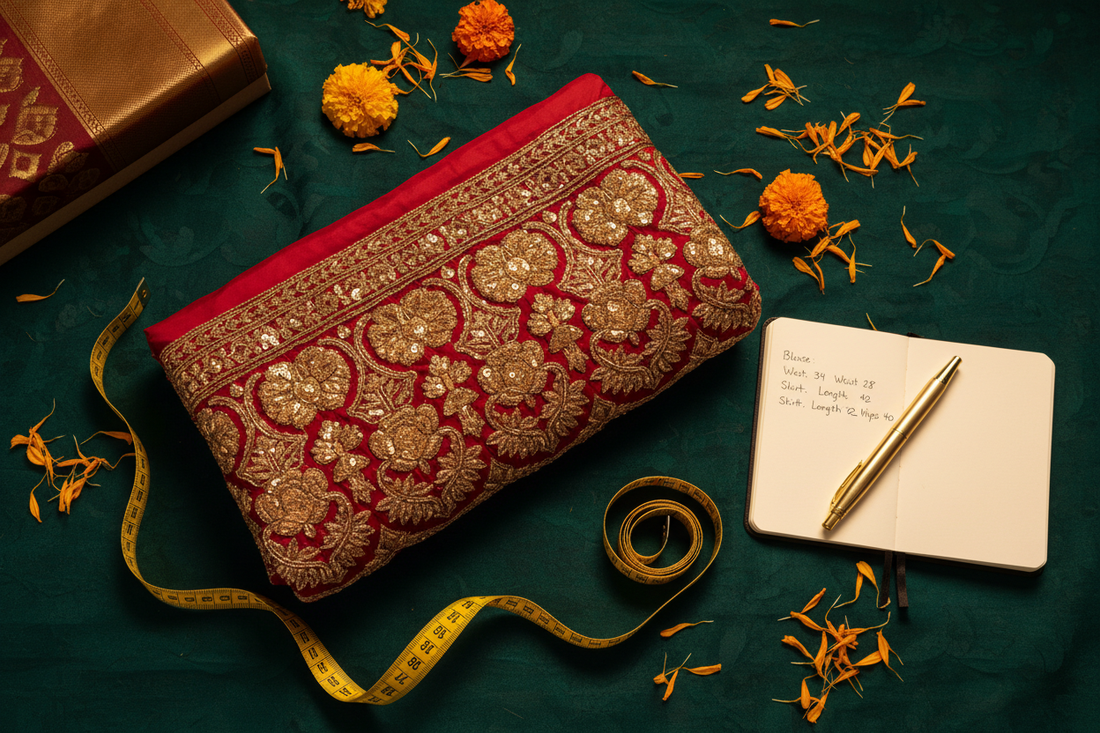  Indian wedding clothes shopping flat lay with embroidered lehenga fabric, measuring tape, and notebook on dark green — shopping guide by Zivaara Studio