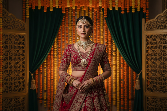 Indian bride in red and gold bridal lehenga choli with kundan jewellery — ZIVAARA Studio bridal outfit guide