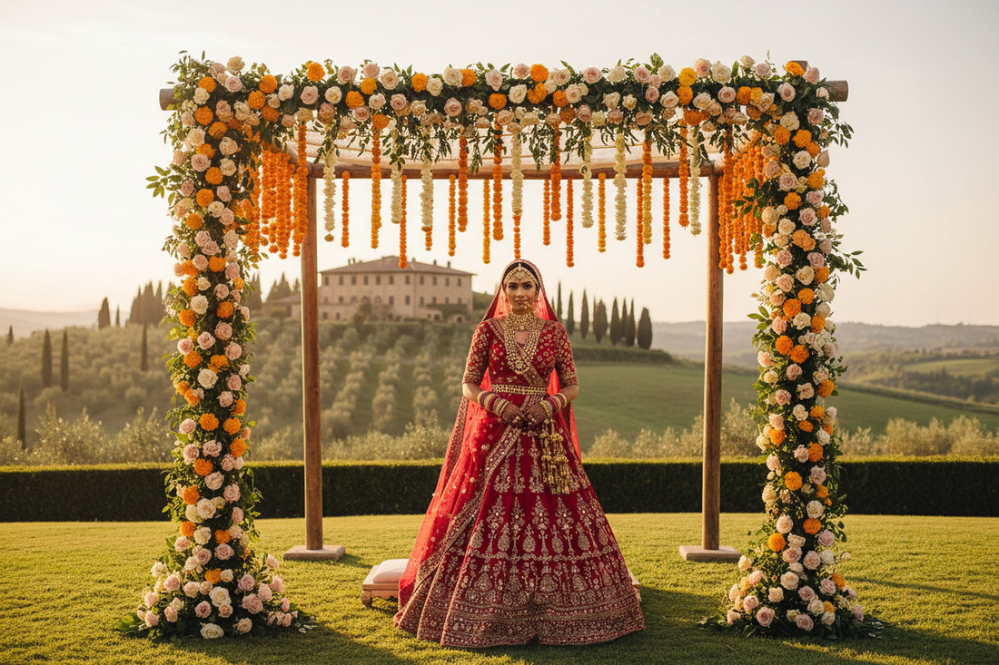 Indian bride at outdoor mandap with marigold decorations against a Tuscan villa landscape — Indian destination wedding abroad