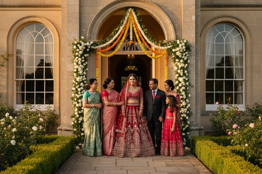 South Asian bride in crimson lehenga at a Western estate venue surrounded by marigold garlands — Indian wedding abroad