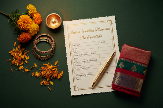 Indian wedding planning checklist flat lay with marigolds, brass diya, gold bangles and lehenga fabric — ZIVAARA Studio