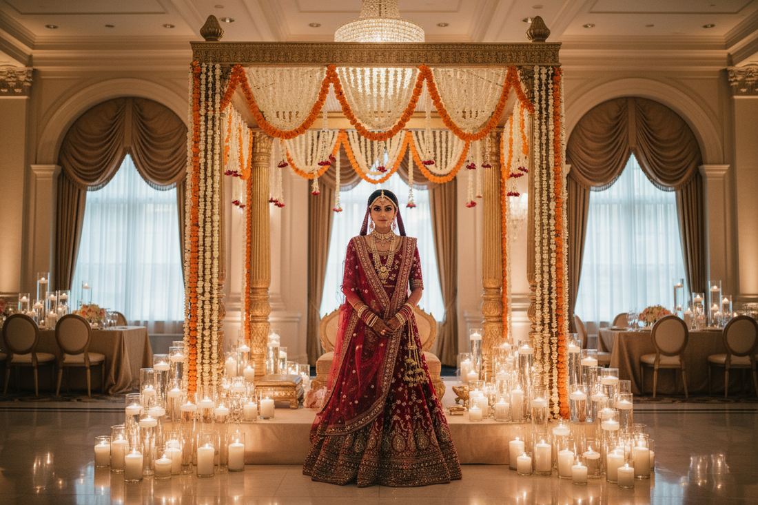 How to plan a traditional Indian wedding in the USA — bridal mandap in a Western venue by ZIVAARA Studio