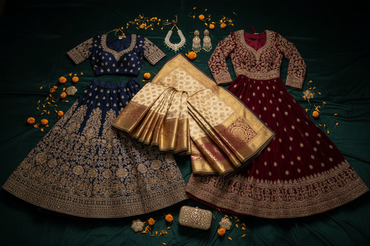 Indian wedding reception outfit ideas — Banarasi silk saree, navy lehenga choli and wine anarkali by ZIVAARA Studio