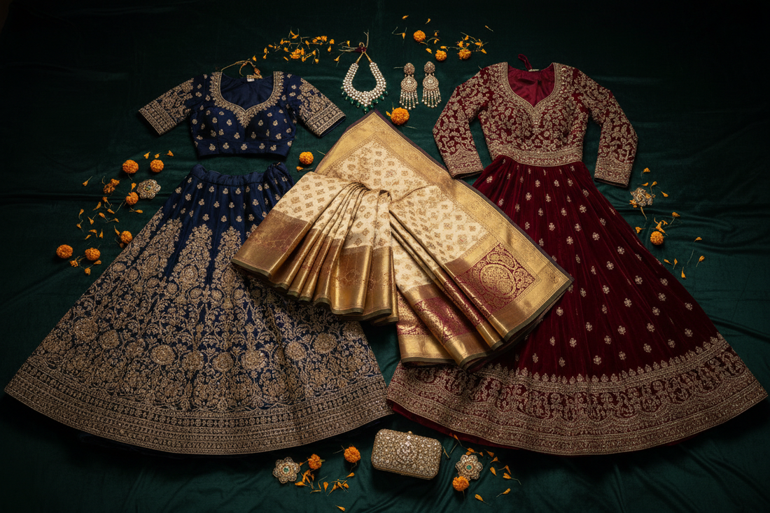 Indian wedding reception outfit ideas — Banarasi silk saree, navy lehenga choli and wine anarkali by ZIVAARA Studio