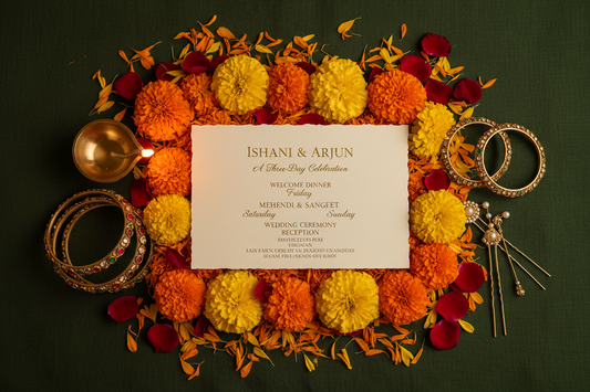 3-day Indian wedding timeline flat lay with marigolds, brass diya and gold bangles — ZIVAARA Studio planning guide