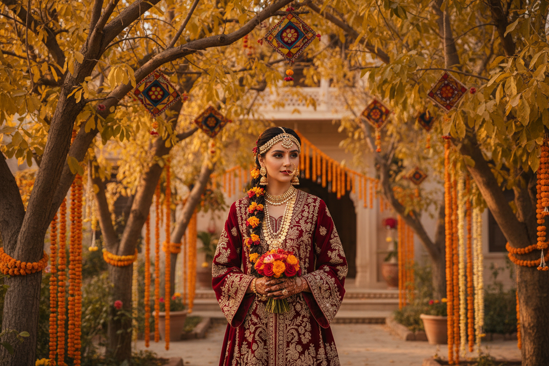 Kashmiri bride in deep red pheran with gold tilla embroidery and traditional dejhoor and athrus jewelry | ZIVAARA Studio