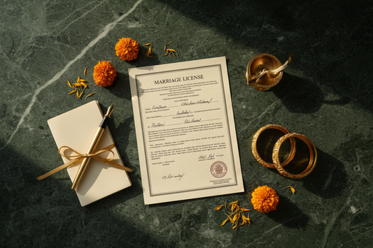Marriage license flat lay with marigolds, brass diya and gold bangles — legal requirements for a Hindu wedding in the USA by ZIVAARA Studio