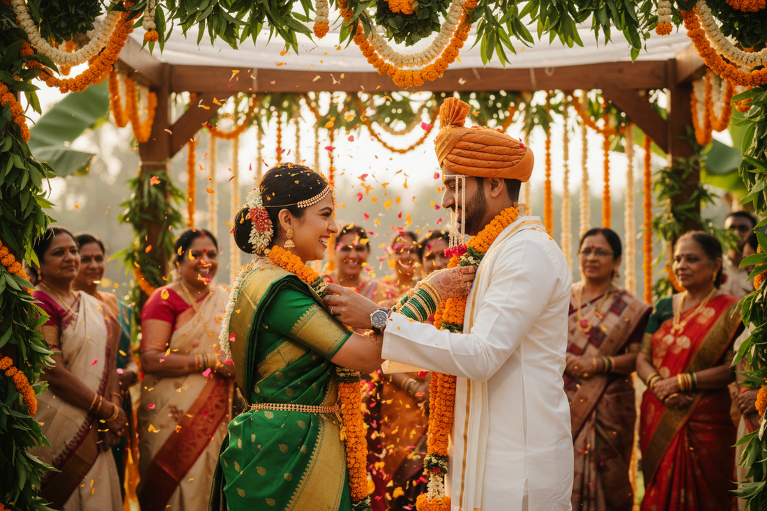 Maharashtrian bride in green Nauvari saree and groom in saffron pheta exchanging garlands during Mala Badal | ZIVAARA Studio