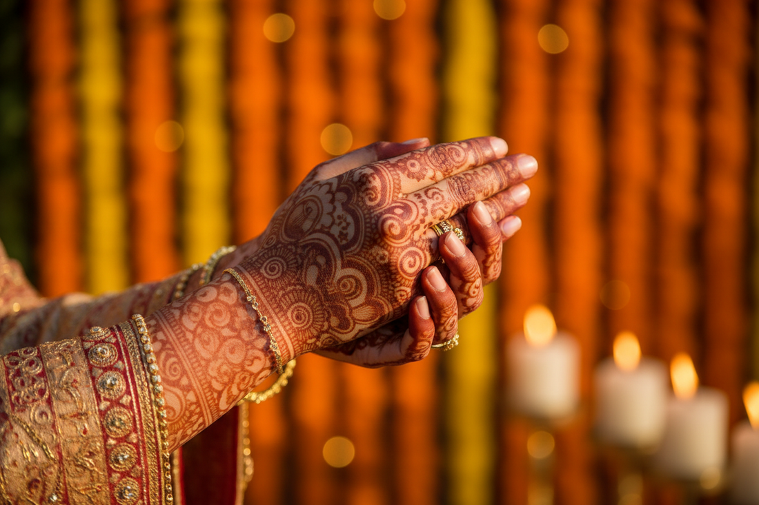 Bride's hands adorned with intricate mehendi henna designs at an Indian wedding ceremony