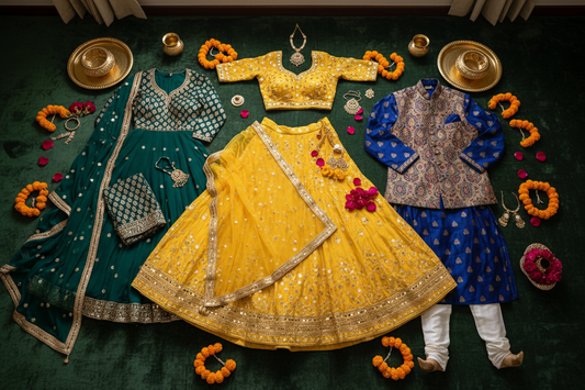 Mehendi ceremony outfit ideas — yellow lehenga, green anarkali and printed kurta set by ZIVAARA Studio