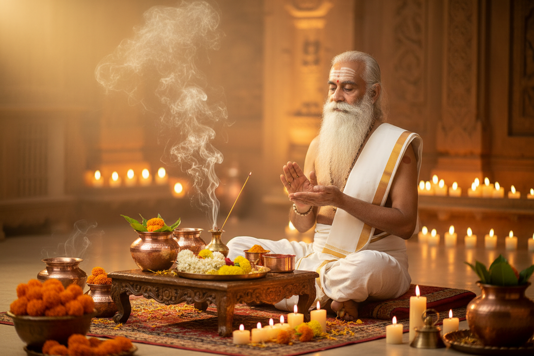 Hindu pandit performing puja ritual — how to find a pandit for your wedding abroad