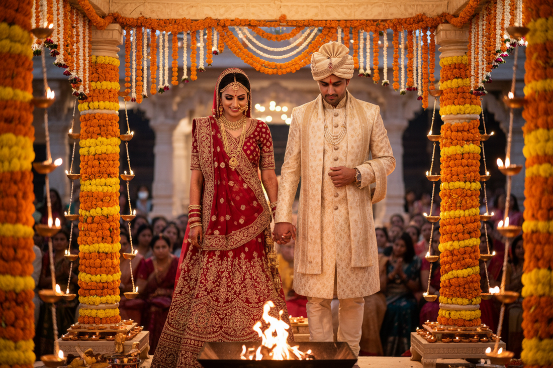 Bride and groom taking pheras around the sacred fire at a Hindu wedding ceremony