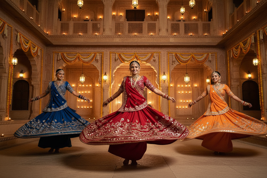 Women performing the Ghoomar folk dance at a Rajasthani wedding in mirror-work ghagra cholis | ZIVAARA Studio