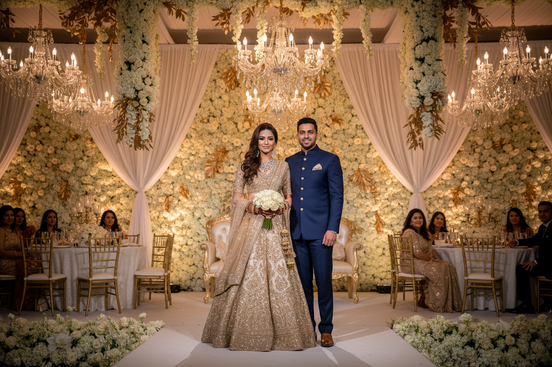 Bride in a heavily embellished champagne reception lehenga at an Indian wedding reception, standing on a decorated stage