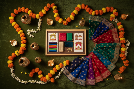 Indian wedding decor flat lay with marigold garlands, brass diyas, and embroidered fabric swatches — decor savings guide by Zivaara Studio