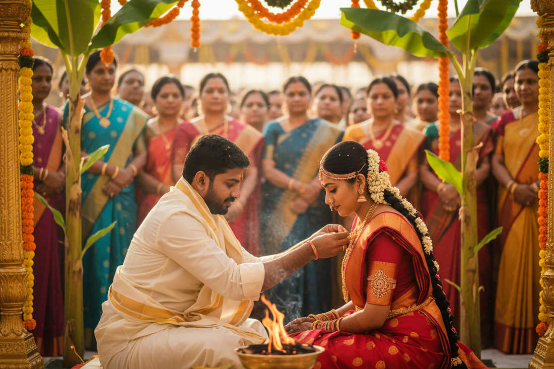 South Indian bride in red Kanjivaram silk saree with temple jewelry and jasmine flowers during Mangalya Dharanam — the tying of the sacred thaali | ZIVAARA Studio