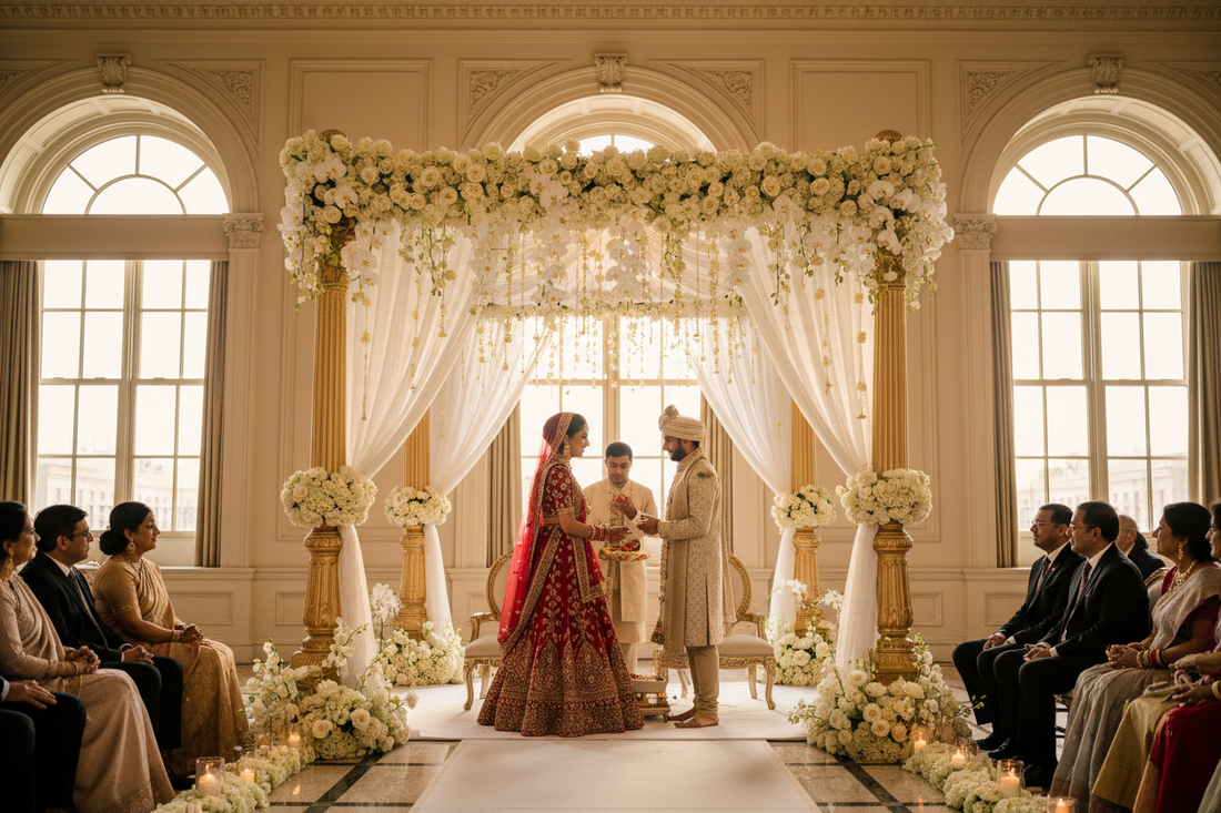 Indian wedding mandap in a luxury Western venue — The Modern Indian Wedding Atlas by ZIVAARA Studio
