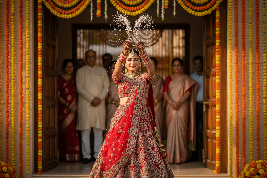 Bride in a red bridal lehenga during the vidaai ceremony, throwing rice as she departs her family home